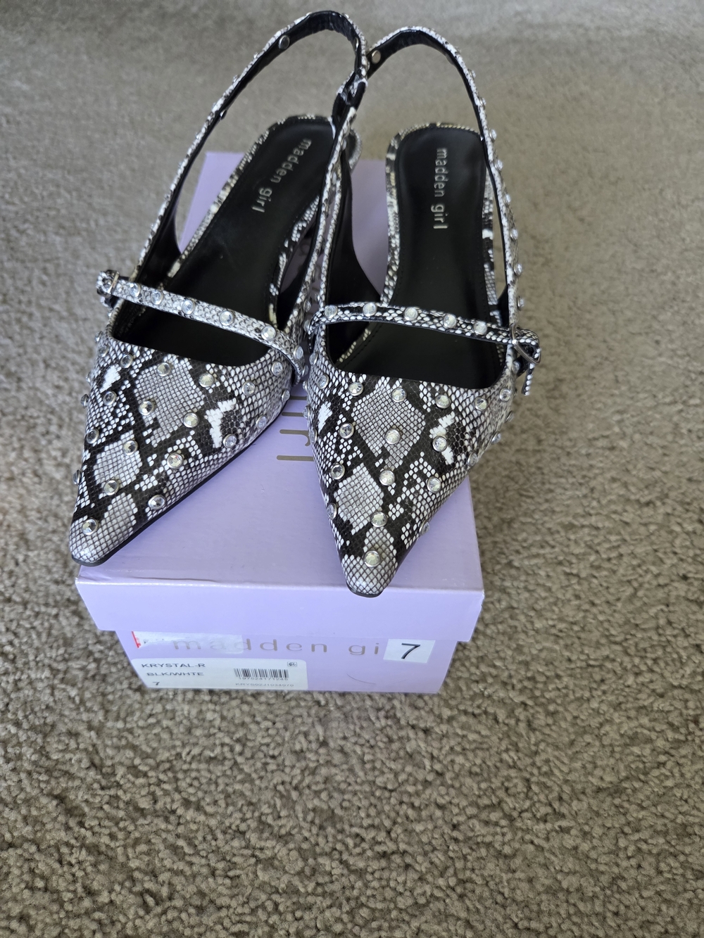 Madden Girl Women's Pointed Slingback Pumps - Black & White Snake Print
